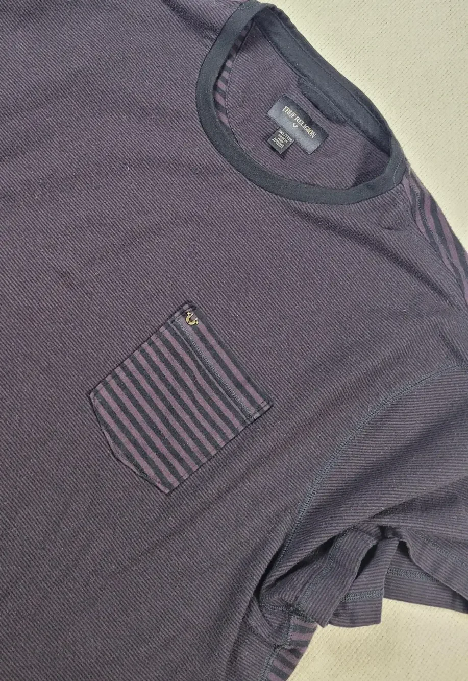 True Religion Shirt Mens 3XL Purple Black Striped Pocket Crewneck Tee MB158NH2